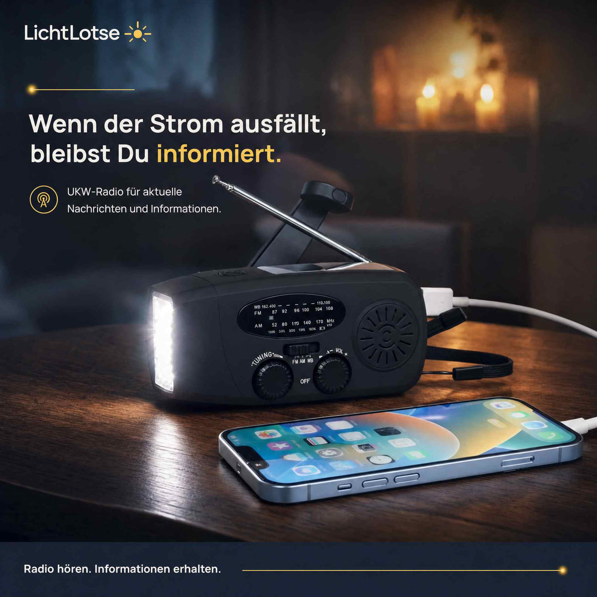 LichtLotse™ – Licht 3-in-1 Notfallradio mit Solar & Handkurbel